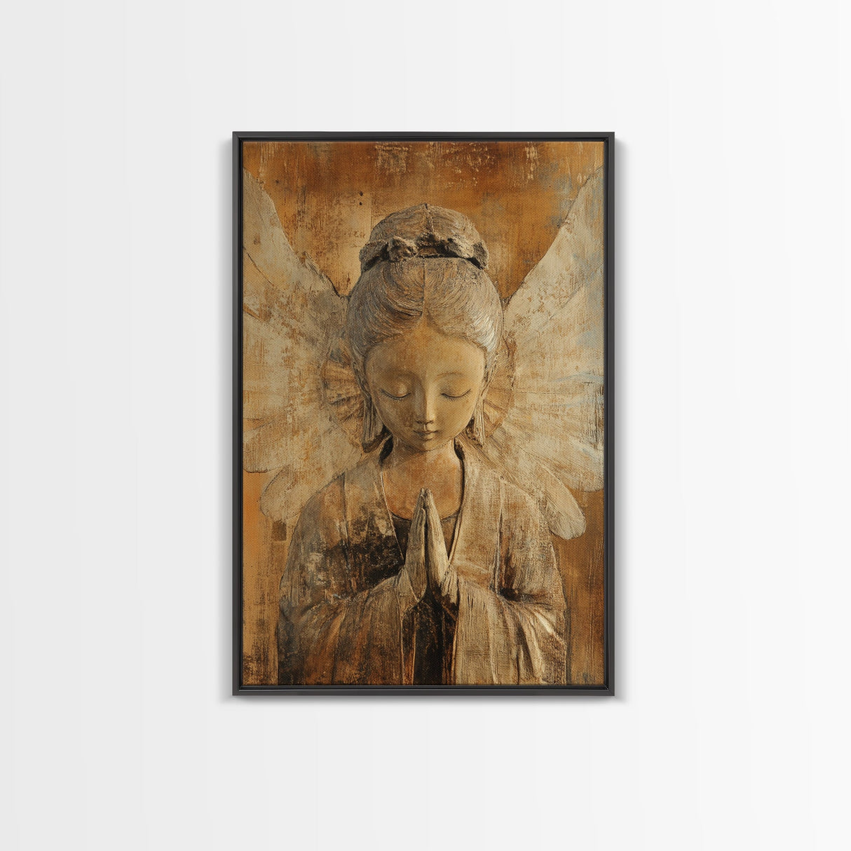 Serene Angel Sculpture Framed Canvas Print Angels Wall Art Rustic Wall Art Therapy Art Sacred Peaceful Art Living Room Décor