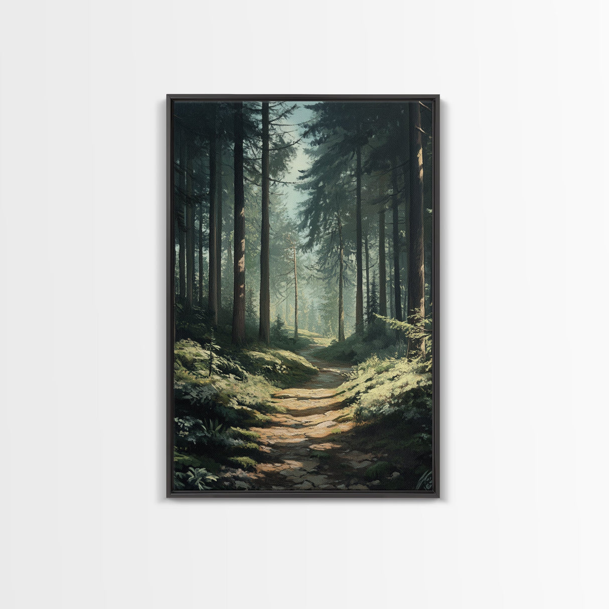 Forest Path Landscape Framed Canvas Print with Pine Tree Art, Rustic Decor and Serene Nature Above Sofa Artwork