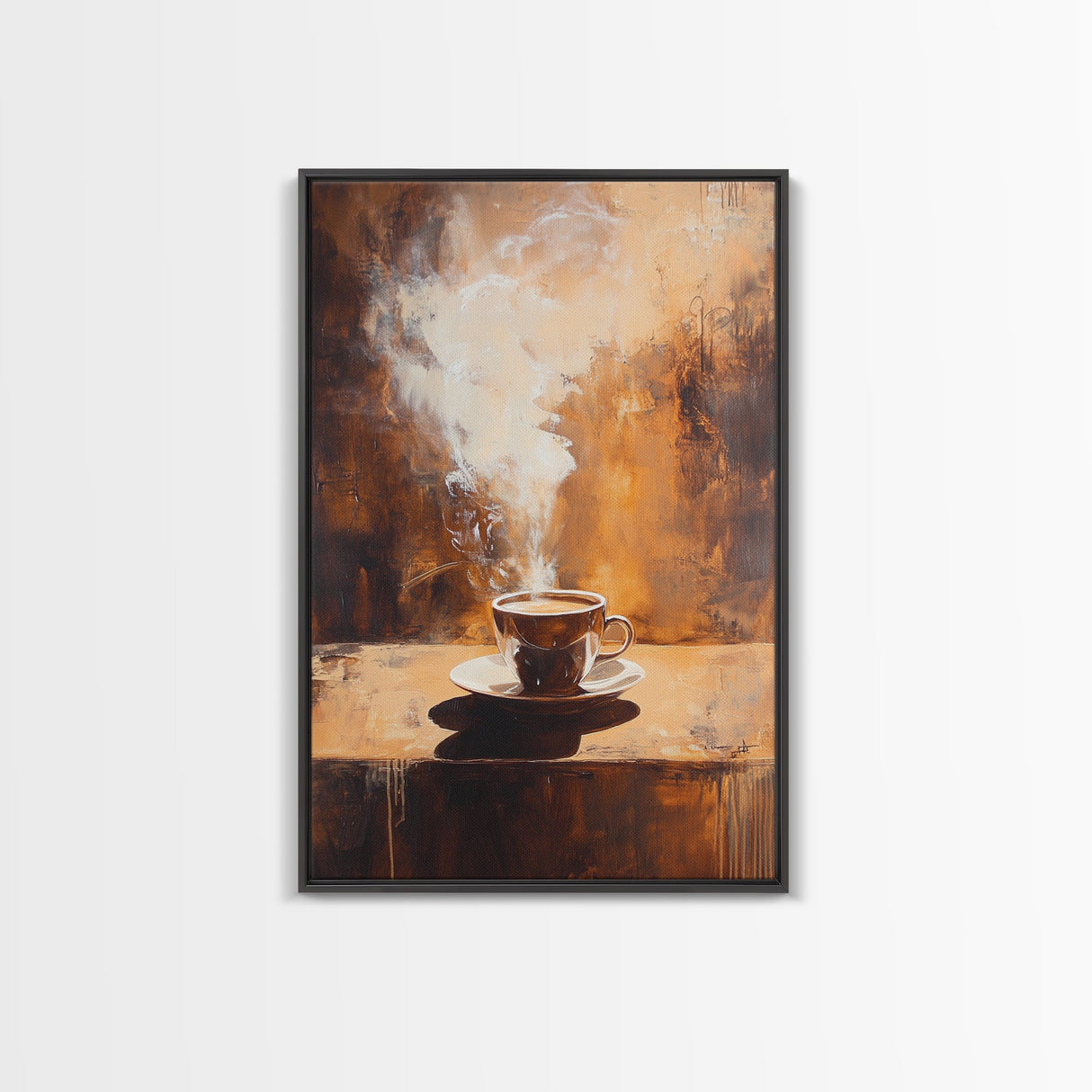 Rustic Steaming Coffee Framed Canvas Print | Warm Coffee Wall Art | Cozy Kitchen Art | Espresso Painting | Coffee Lover Gift Idea
