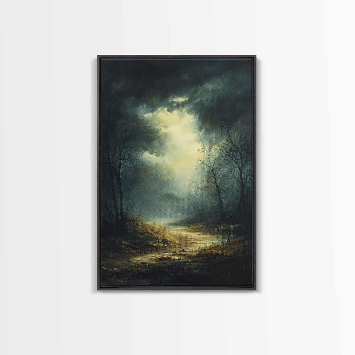Forest at Dusk Framed Canvas Print with Moody Dark Romance Painting, Fall-Inspired Smoky Mountain Art Perfect Above Bed Wall Decor