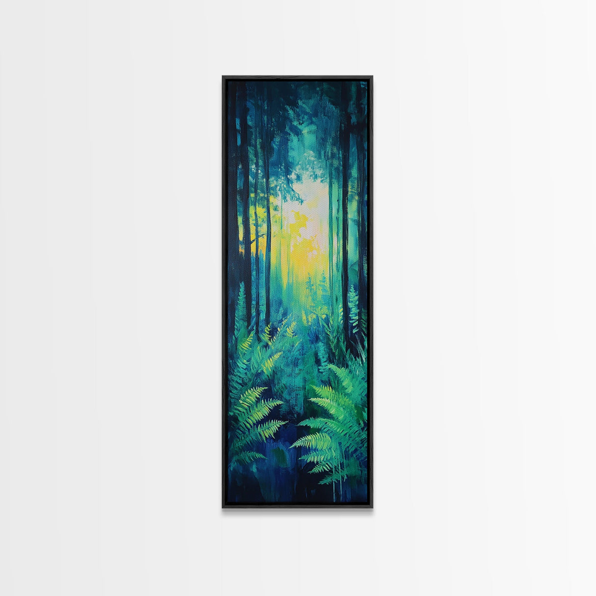 Forest Glow, pine tree art, moody art, landscape painting, above sofa art, gift idea for her, Framed Canvas Print