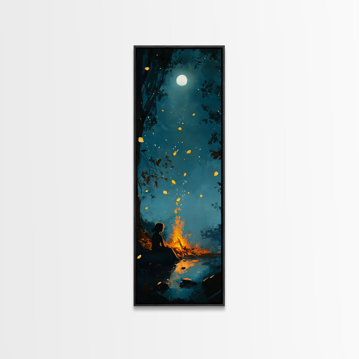 Moonlit Campfire, forest at dusk painting, moody art, rustic decor, vertical wall art, boho art, Canvas Print