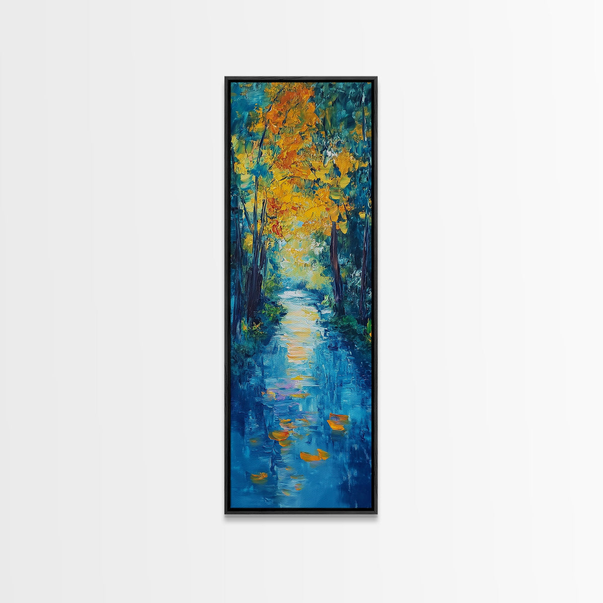 Autumn Reflection, fall painting, birch tree art, mountain painting, rustic wall art, panoramic art, Framed Canvas Print