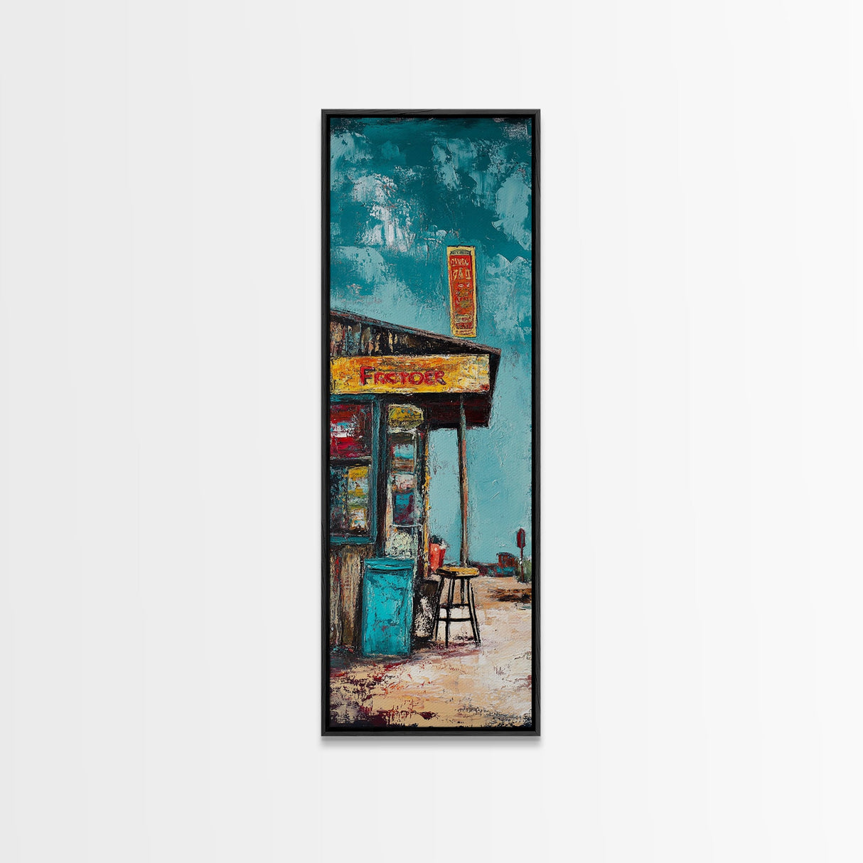 Rustic Gas Station, chicano art, guest check wall art, graffiti wall art, vintage folk art, Framed Canvas Print, tall skinny art