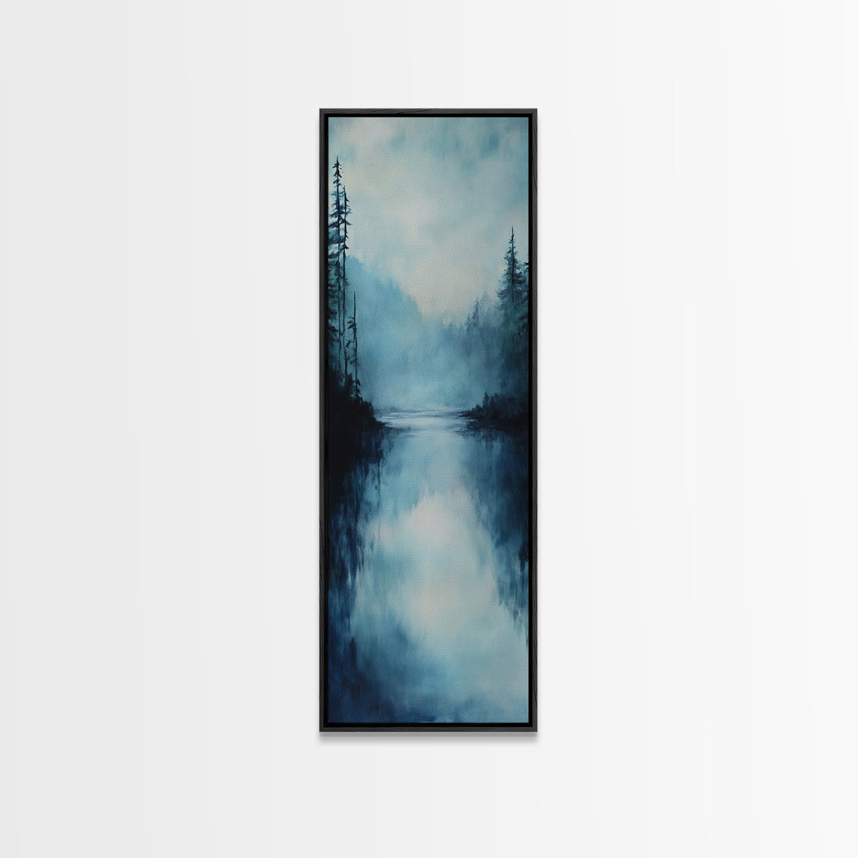 Misty Lake, Moody Landscape, Pine Tree Art, Foggy Forest Painting, Smoky Mountain Art, Christmas, Framed Canvas Print
