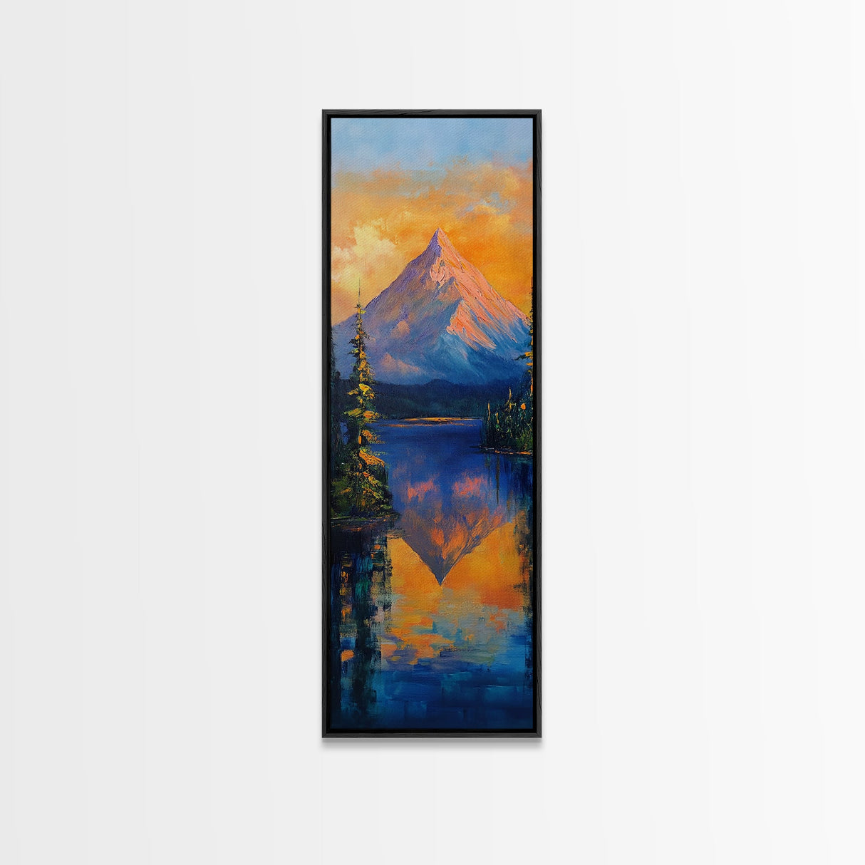Landscape Painting, Framed Canvas Print, blue and green wall art, panoramic painting, extra wide art, mountain painting