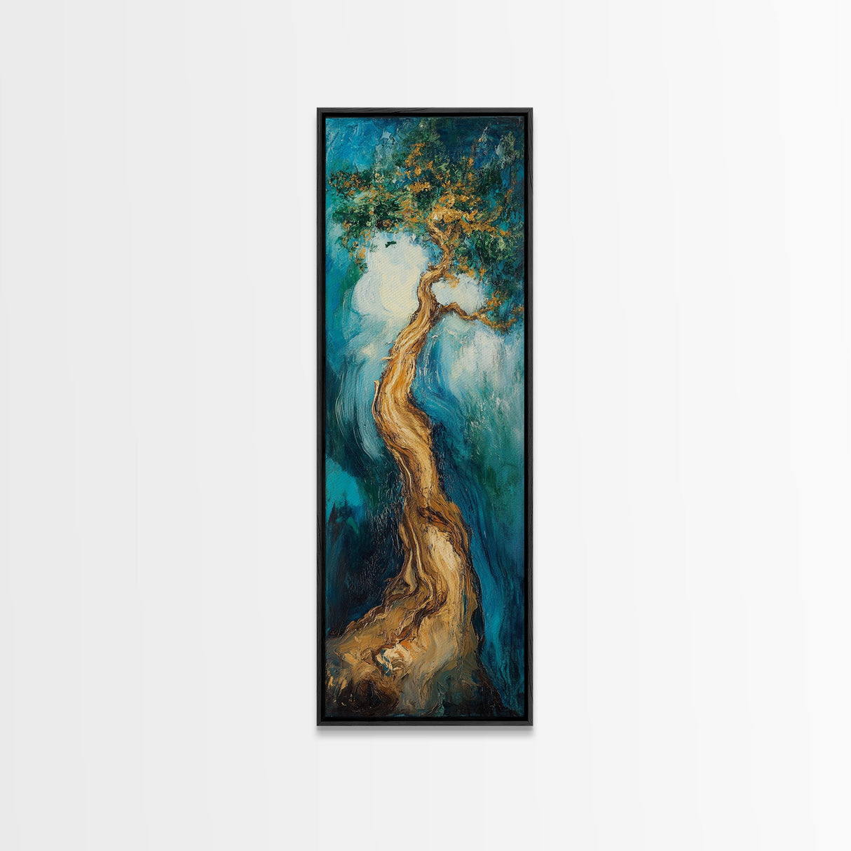 Twisting Tree, oak tree art, nature painting, forest at dusk painting, textured wall art, Framed Canvas Print, vertical wall art
