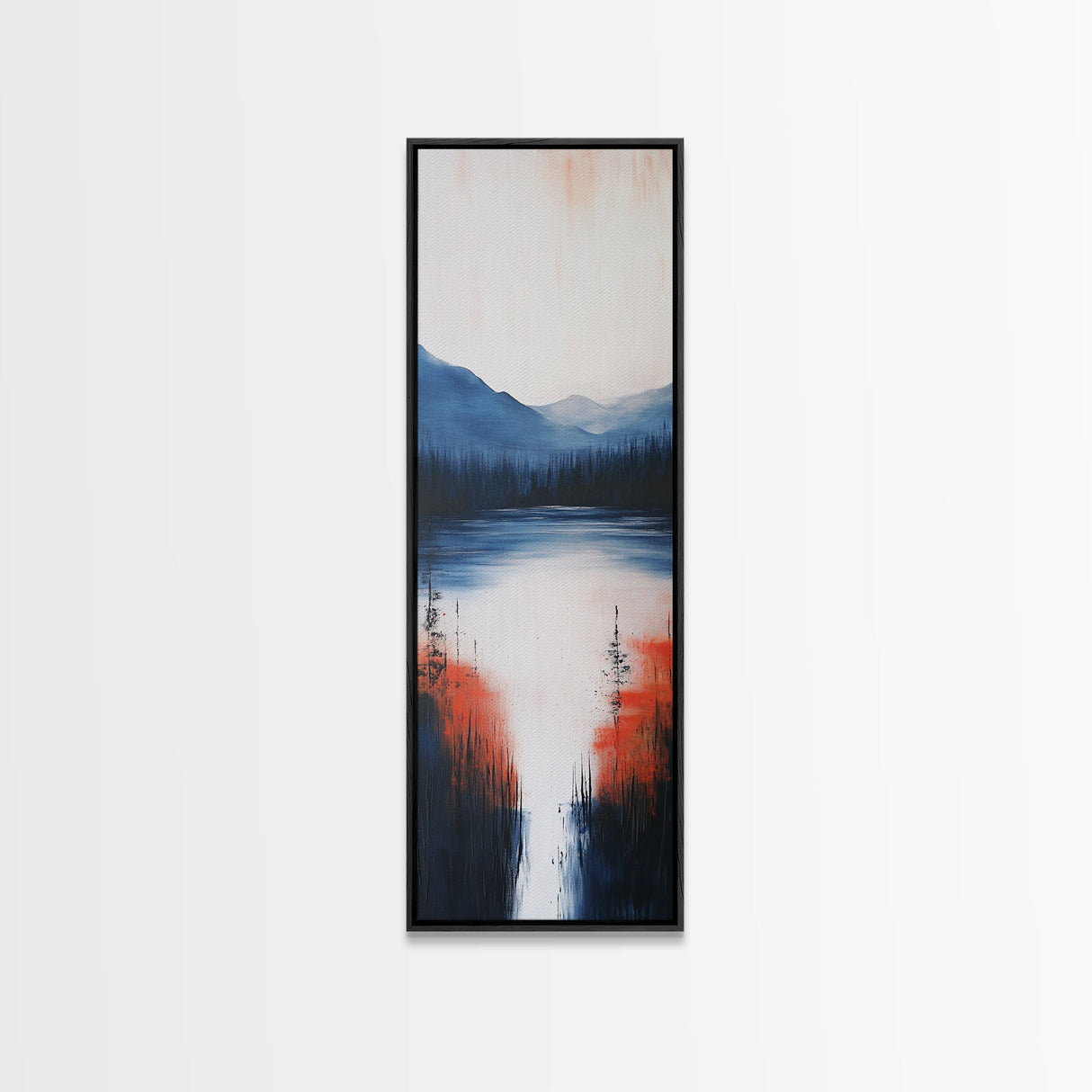 Misty Lake, smoky mountain art, landscape painting, wabi sabi wall art, moody art, blue and green wall art, Framed Canvas Print