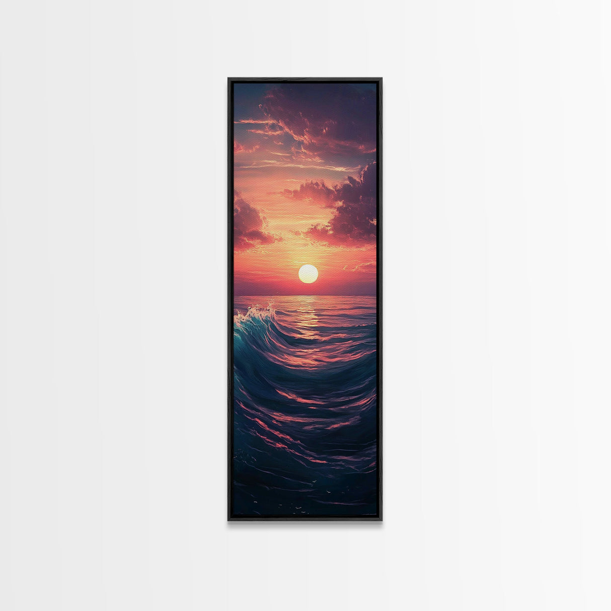 Tropical Sunset, Palm Trees, Ocean Waves, Framed Canvas Print, Coastal Painting, Nautical Decor, Extra Wide Art, Panoramic Art