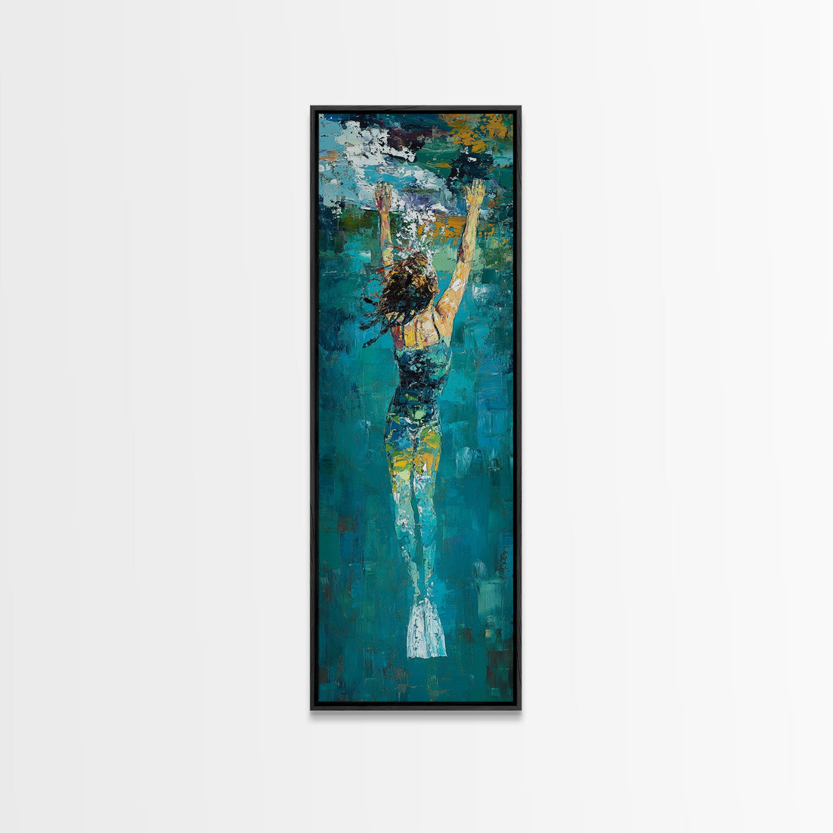 Woman Swimming, Coastal Painting, Framed Canvas Print, Surf Wall Art, Ocean Art, Blue and Green Wall Art, Abstract Art
