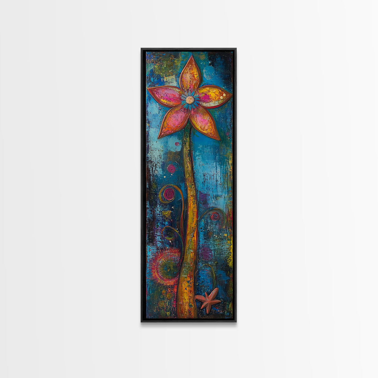 Vibrant Flower, botanical prints, pink orange wall art, boho art, whimsical art, tall narrow art, framed canvas print