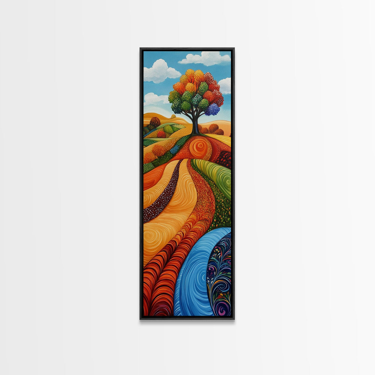 Colorful Fields, folk art, Russian folk art, pink orange wall art, bright and bold, framed canvas print, extra wide art