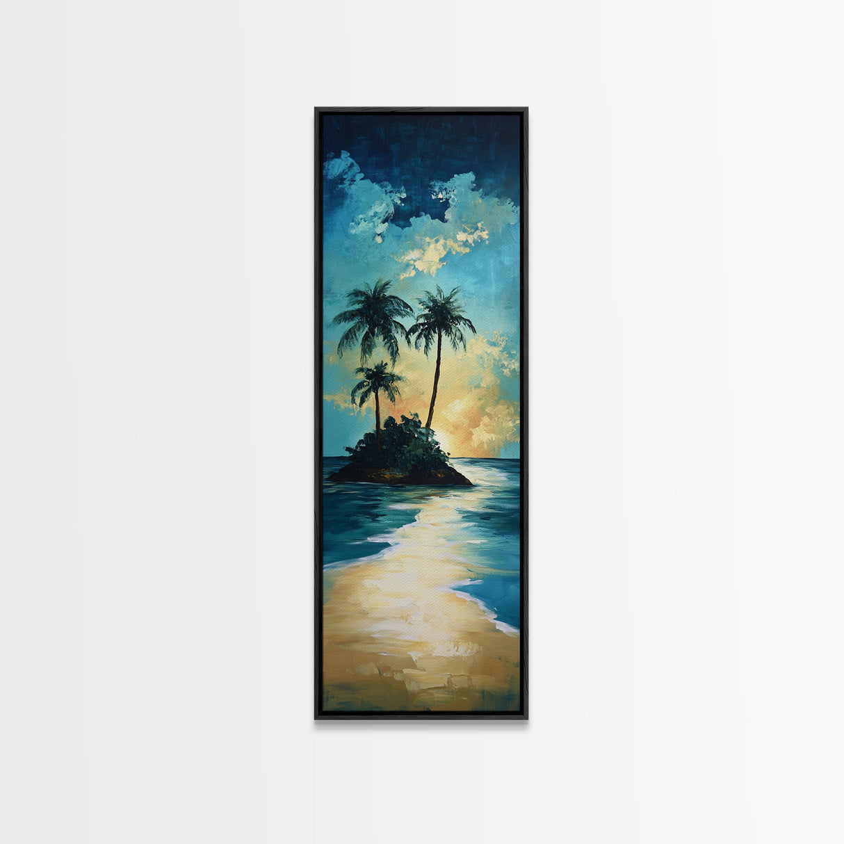 Tropical Sunset, palm tree painting, Hawaii art, ocean waves, coastal wall art, nautical decor, framed canvas print