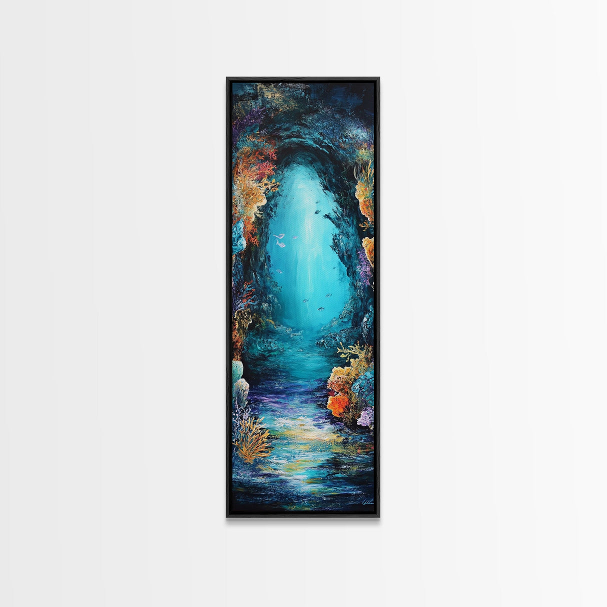 Underwater Cave, ocean painting, nautical wall art, coastal painting, seascape painting, framed canvas print, vertical wall art