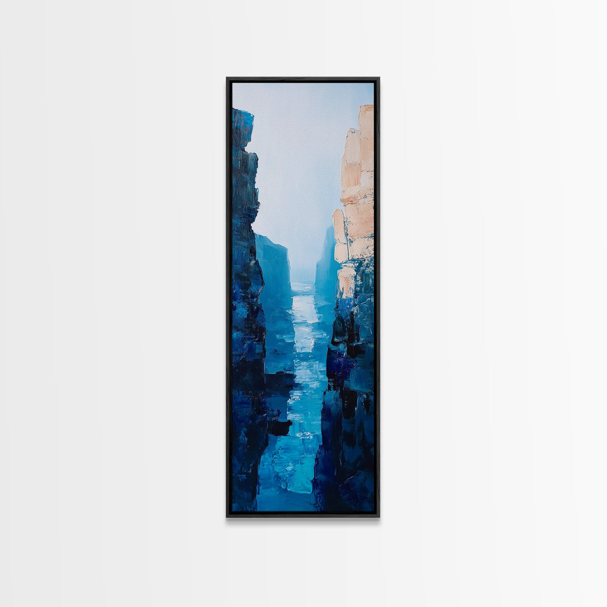 Canyon River View, landscape painting, blue and green wall art, nature lover gift, wabi sabi art, framed canvas print, vertical wall art