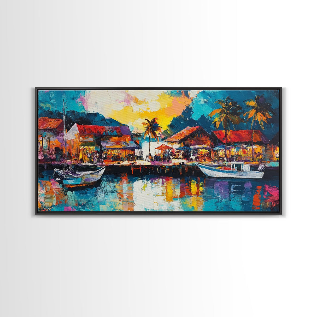 Coastal Village Painting, Nautical Wall Art, Tropical Landscape Art, Vibrant Art, Beach House Decor, Extra Wide Art, Canvas Print