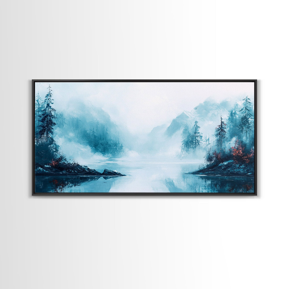 Misty Mountains, pine tree art, wabi sabi wall art, smoky mountain art, panoramic painting, nature painting, Framed Canvas Print