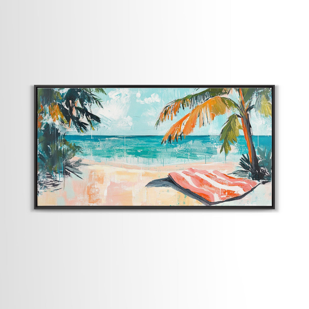 Palm Tree, Coastal Landscape Art, Tropical Beach Art, Nautical Decor, Ocean Painting, Framed Canvas Print, Extra Wide Art, Boho Art