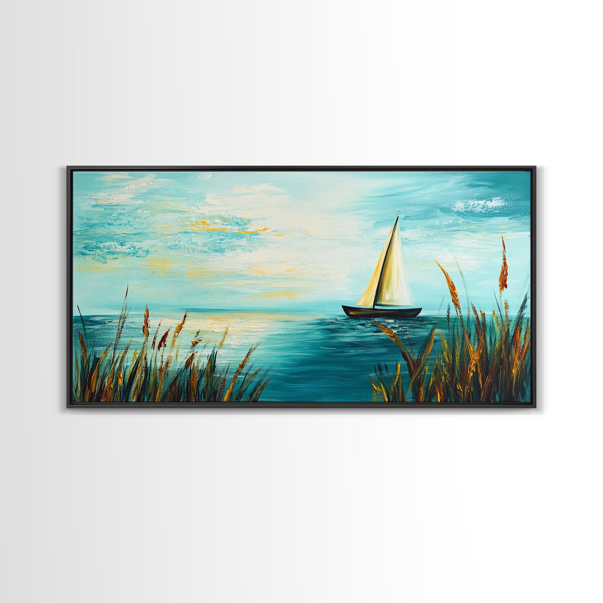 Serene Sailboat, Canvas Print, sailboat painting, coastal painting, nautical wall art, blue and green wall art, extra wide art