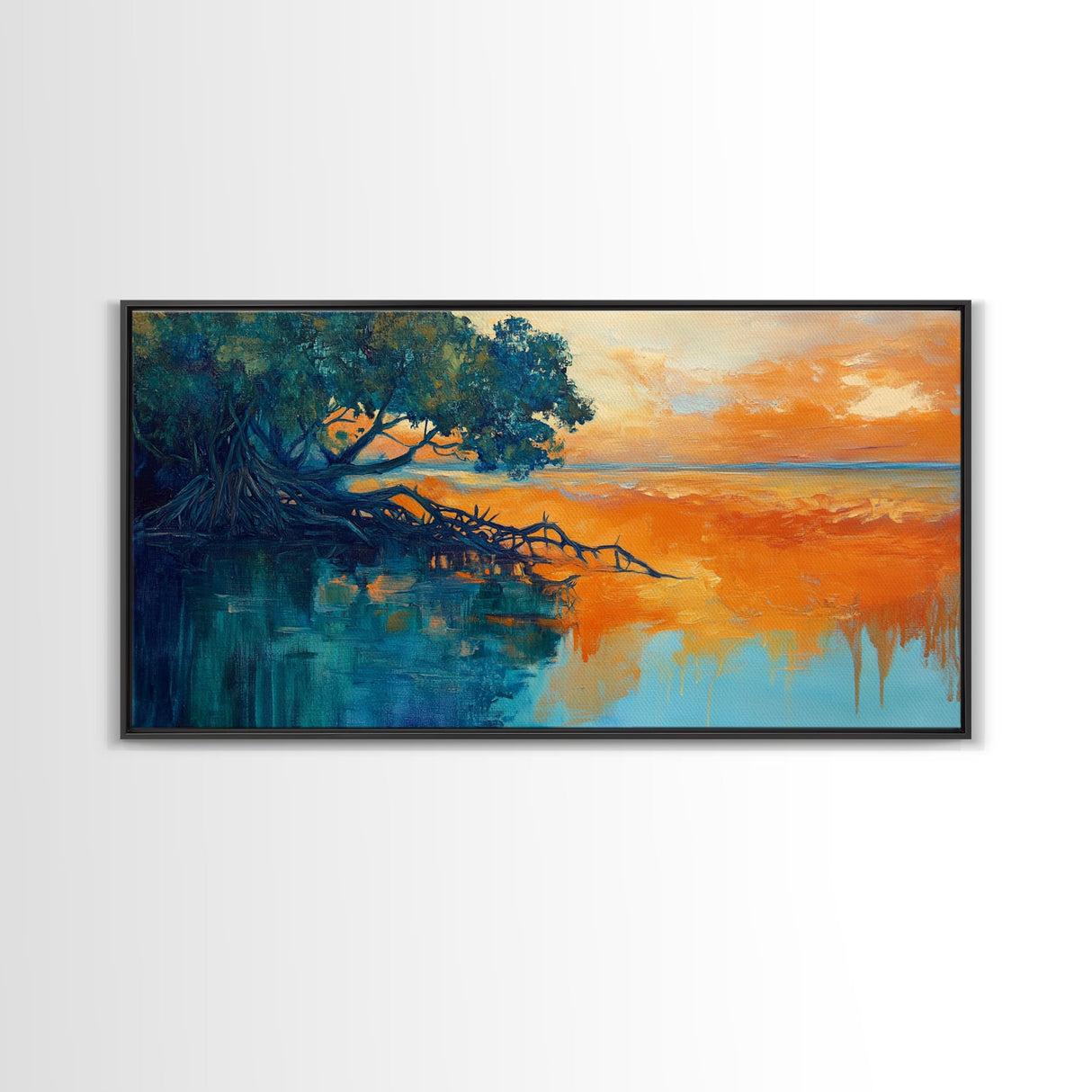 Mangrove Sunset Painting, coastal landscape art, blue and green wall art, seascape painting, nautical wall art, framed canvas print