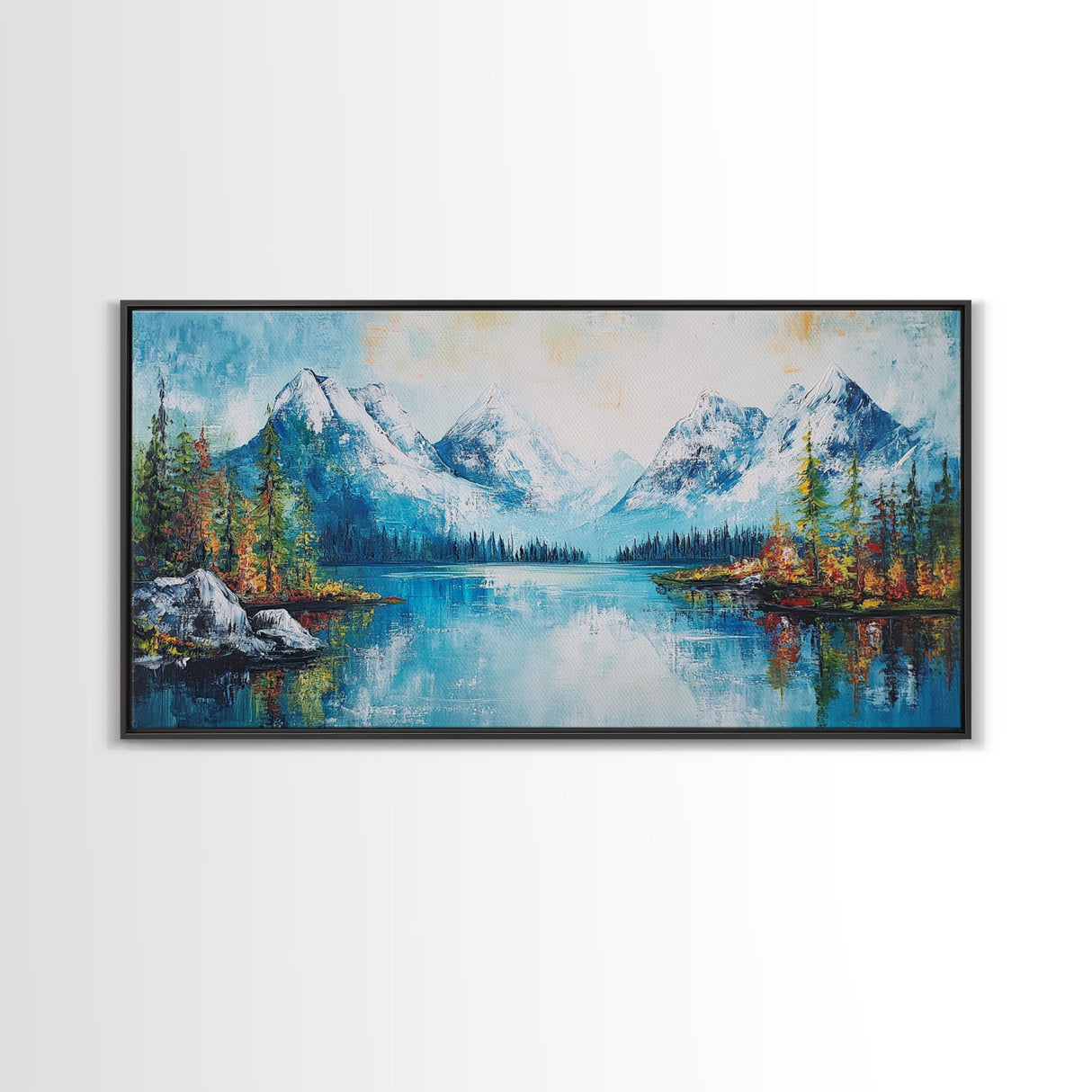 Snowy Peaks, mountain painting, framed canvas print, landscape painting, extra wide art, rustic wall art, above bed wall art