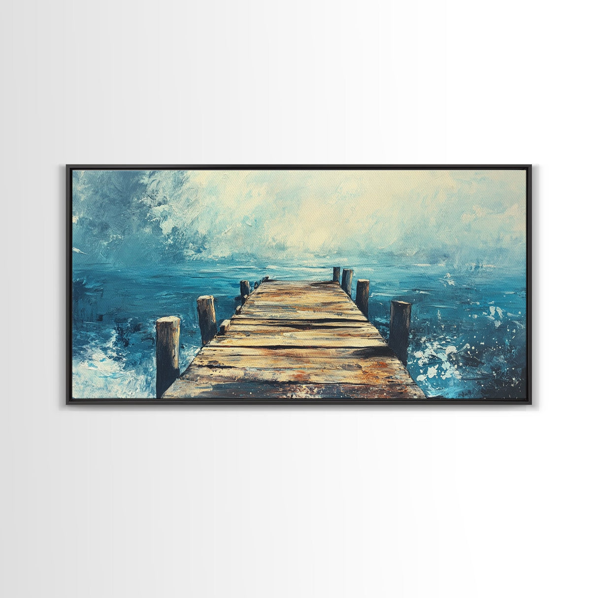Rustic Dock, Nautical Wall Art, Framed Canvas Print, Coastal Landscape Art, Ocean Painting, Seascape Painting, Extra Wide Art