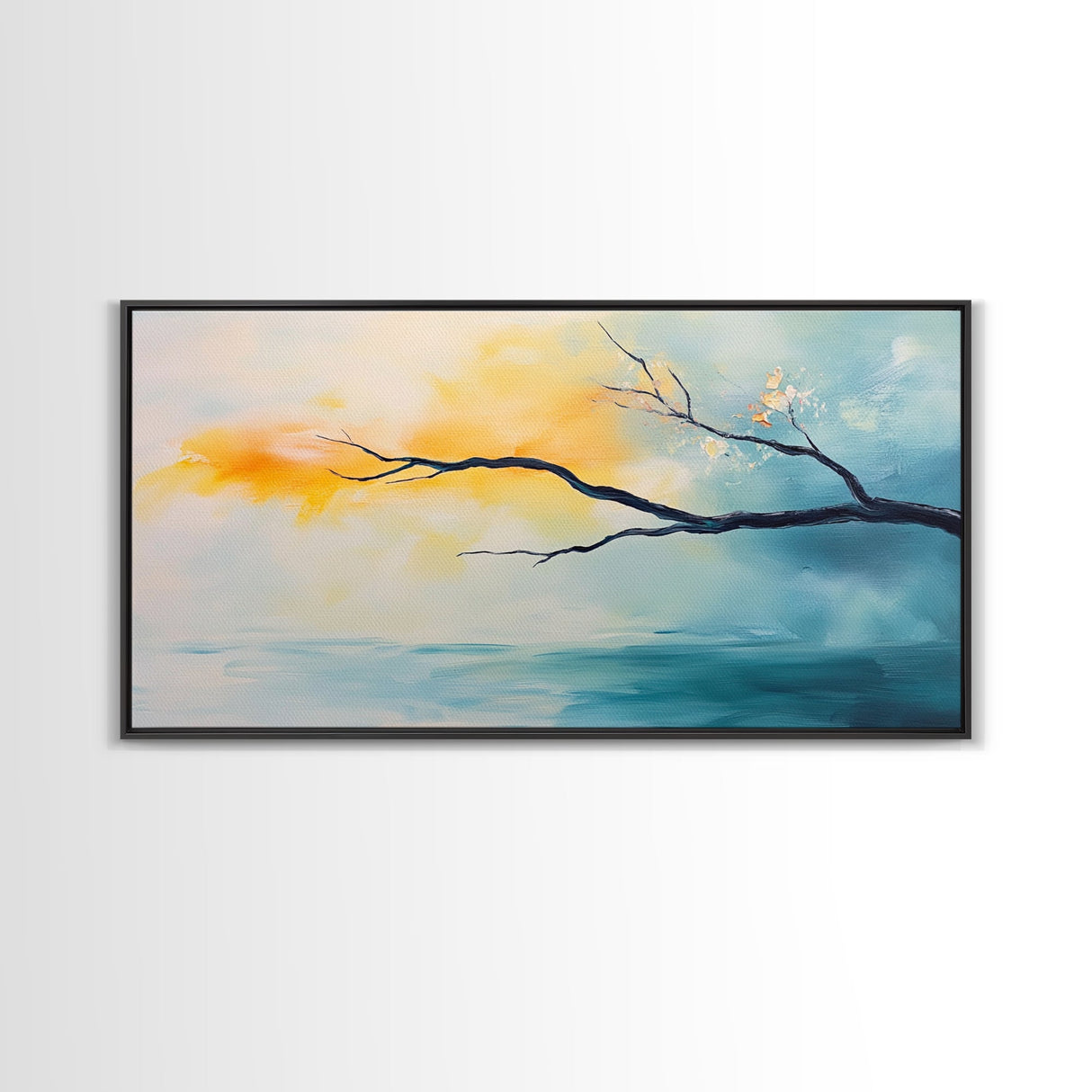 Cherry blossom painting, coastal decor, framed canvas print, minimalist art, abstract landscape, extra wide art, horizontal wall art