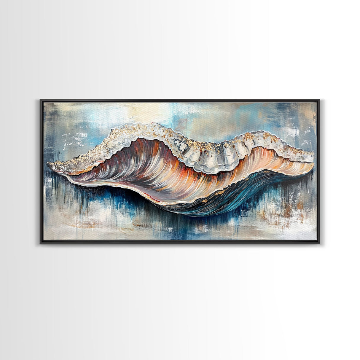 Oyster Shell, coastal painting, framed canvas print, nautical decor, oyster wall art, blue and green wall art, extra wide art