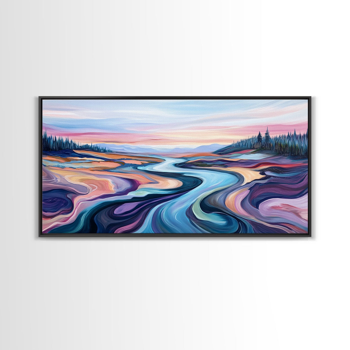 River Landscape, Abstract Art, Geometric Wall Art, Horizontal Wall Art, Extra Wide Art, Canvas Print, Living Room Art