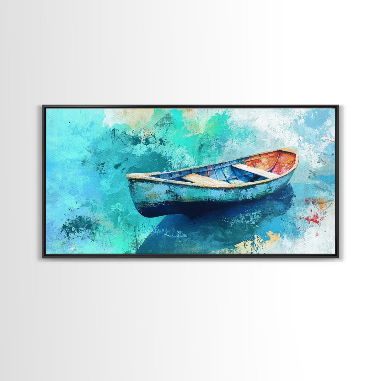 Floating Boat, teal watercolor, impressionist seascape, peaceful ocean, nautical painting, Canvas Print, coastal decor, rustic art