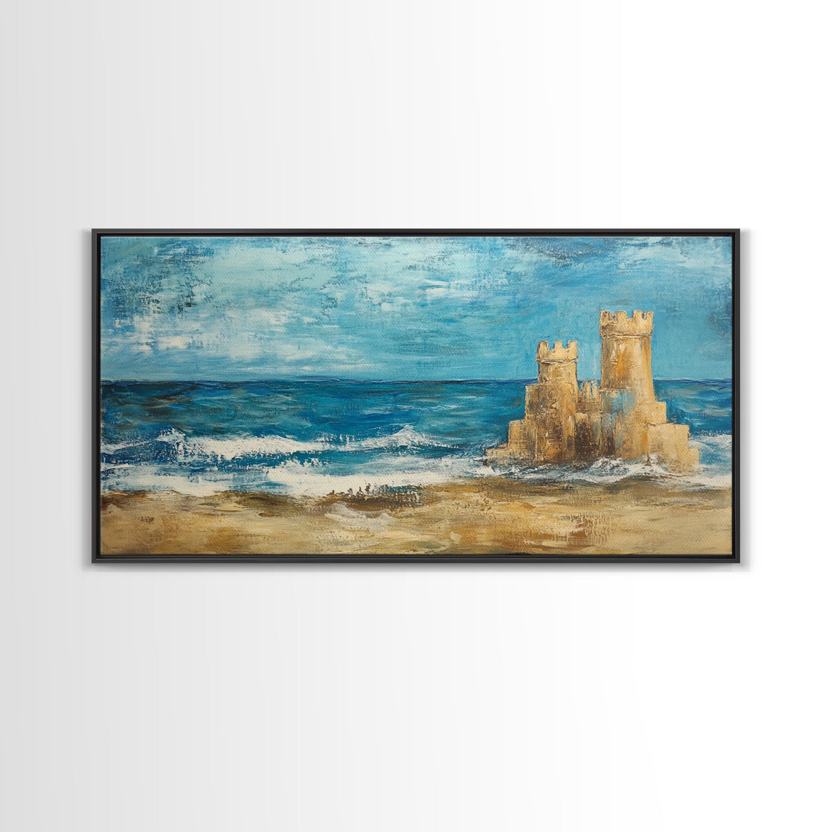 Sandcastle Painting, Coastal Decor, Beach House Wall Art, Nautical Painting, Framed Canvas Print, Seascape Art, Ocean Wave Painting
