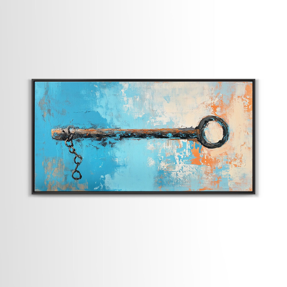 Rustic Key Painting, teal wall art, farmhouse art, coastal decor, framed canvas print, wabi sabi art, extra wide art, moody art