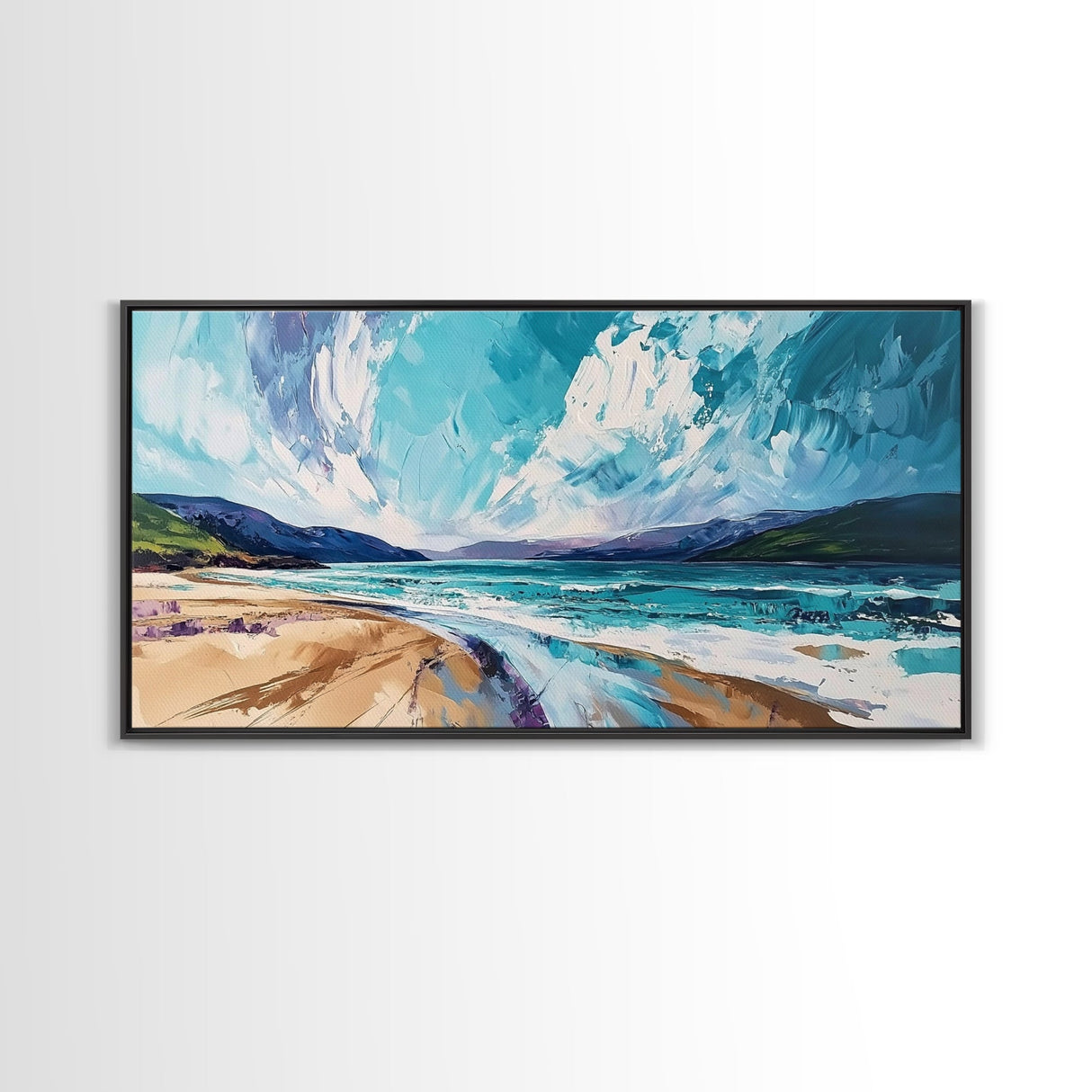 Seascape Painting, coastal landscape art, beach house decor, Ireland painting, blue and green wall art, panoramic art, canvas print