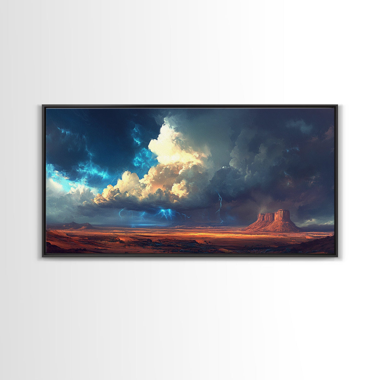 Southwest storm, desert lightning, panoramic art, framed canvas print, mountain painting, extra wide art, dramatic wall art