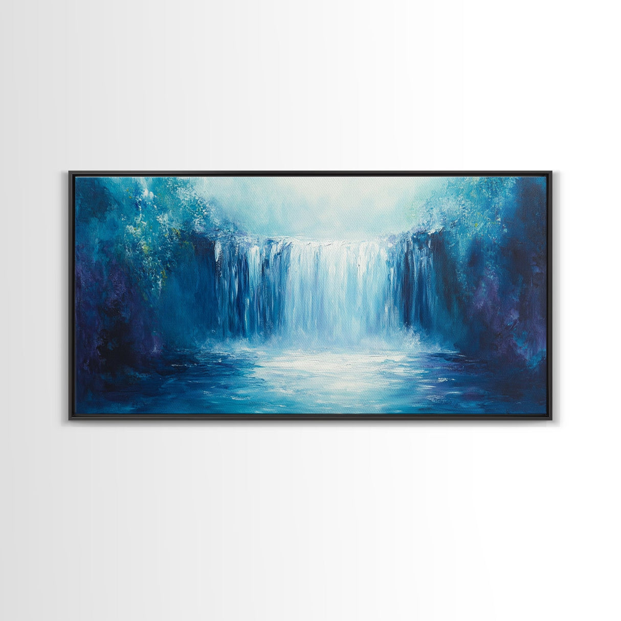 Majestic Waterfall, moody art, blue and green wall art, landscape painting, wabi sabi art, Framed Canvas Print, nature inspired art