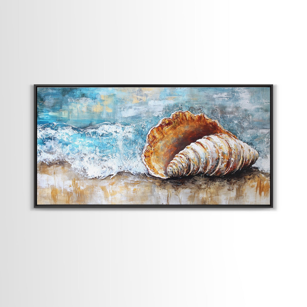 Seashell Art, Coastal Landscape, Nautical Wall Art, Rustic Wall Art, Extra Wide Art, Horizontal Wall Art, Framed Canvas Print, Beach House Decor
