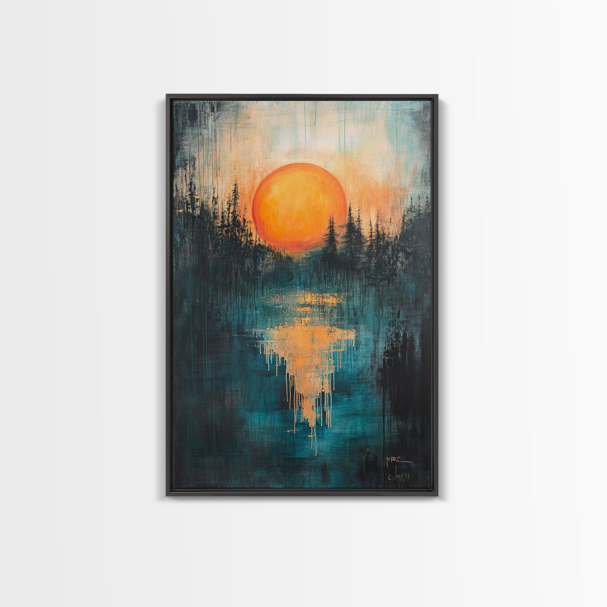 Sunset Over Water, Forest at Dusk Painting, Moody Landscape, Warm Glow Art, Nature Wall Art, Rustic Decor, Canvas Print
