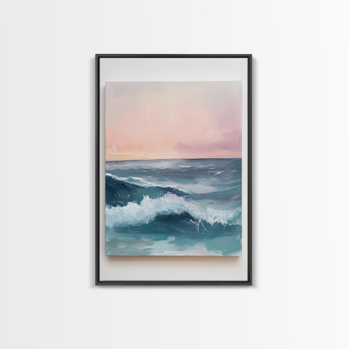 Ocean Sunset Waves, coastal decor, nautical painting, pink orange wall art, coastal landscape art, Canvas Print