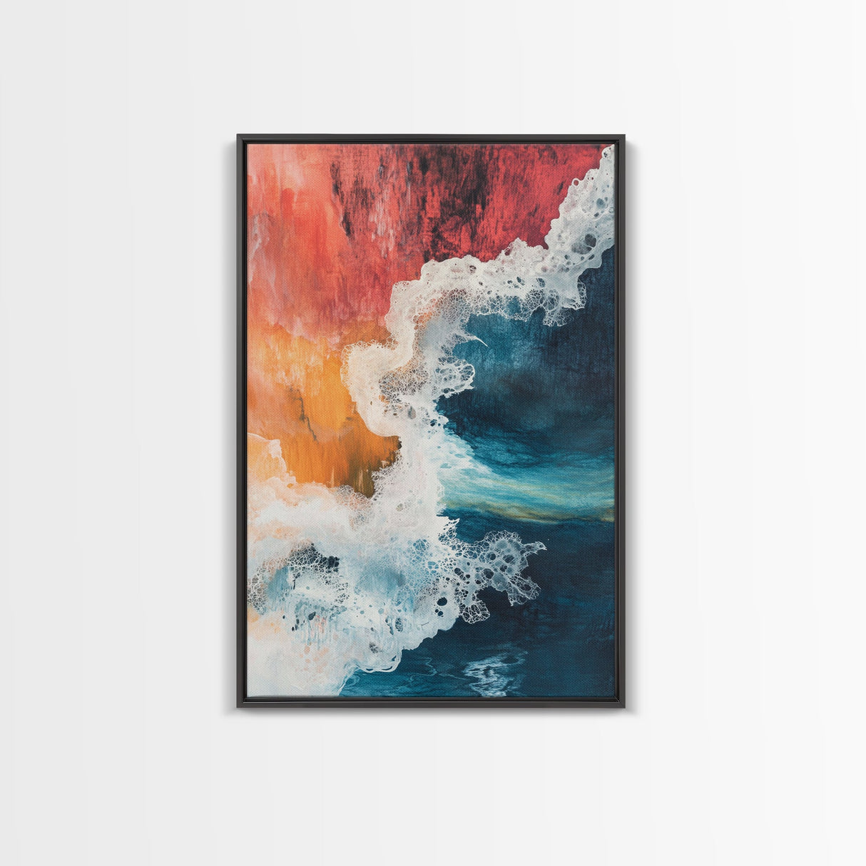 Fiery Ocean Wave, pink orange wall art, coastal landscape art, teal wall art, moody art, ocean abstract art, Framed Canvas Print