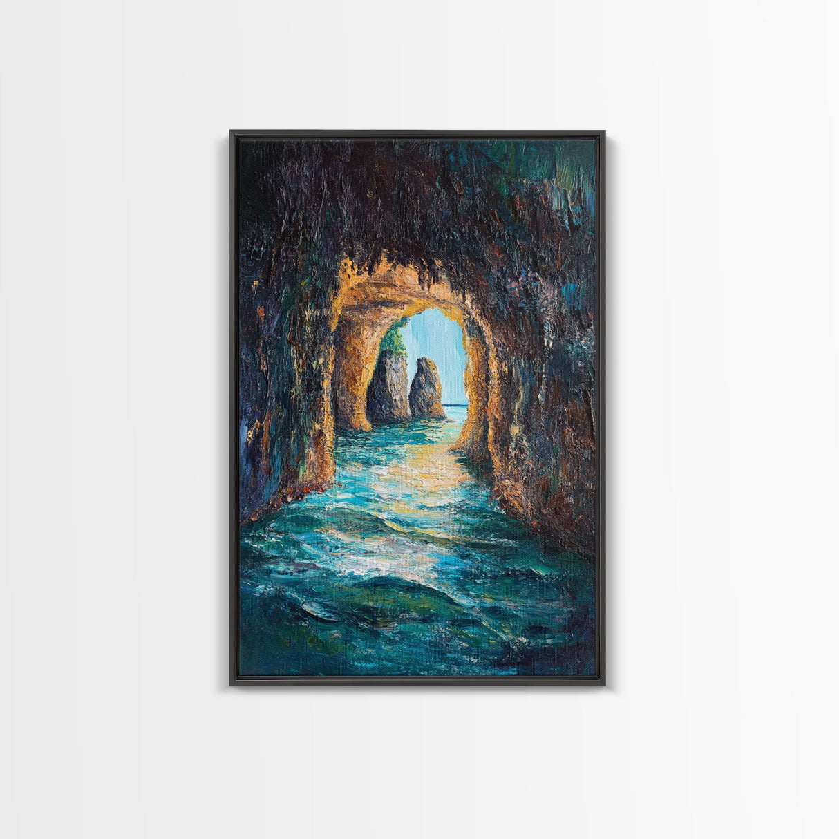 Sunlit Ocean Grotto, seascape painting, nautical painting, tropical wall art, blue and green wall art, Framed Canvas Print
