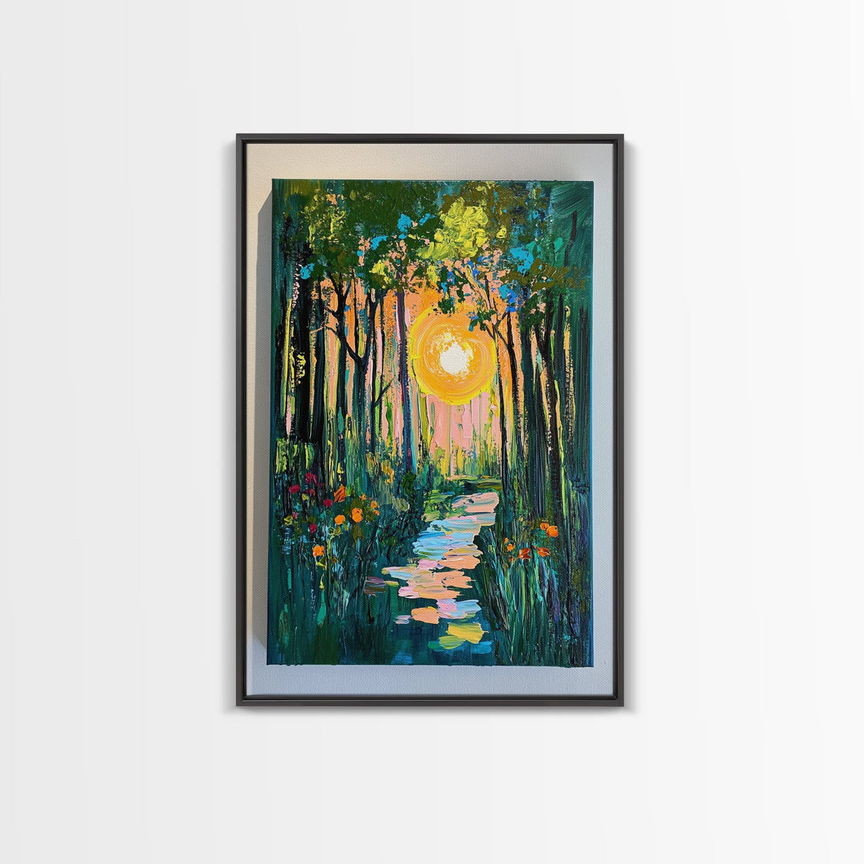 Forest Sunrise Path, wildflower painting, forest at dusk painting, wabi sabi wall art, whimsical art, Canvas Print