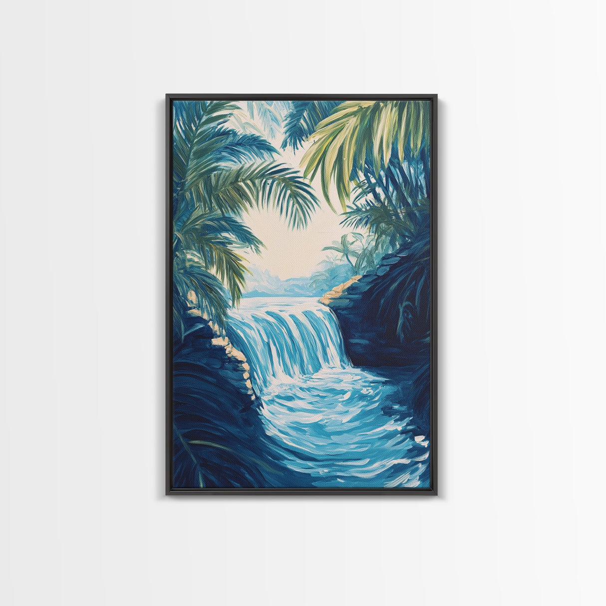 Jungle Waterfall View, tropical landscape painting, botanical prints, blue and green wall art, canvas print, extra wide art
