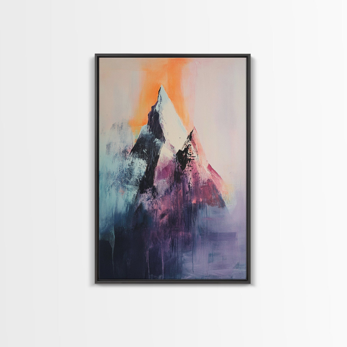 mountain painting, moody art, blue and green wall art, modern landscape painting, art nouveau print, Framed Canvas Print, minimalist art