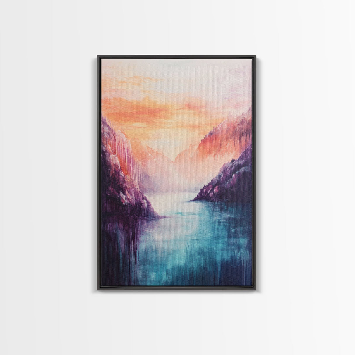 coastal decor, mountain painting, pink orange wall art, sunrise painting, landscape painting, Framed Canvas Print, abstract wall art