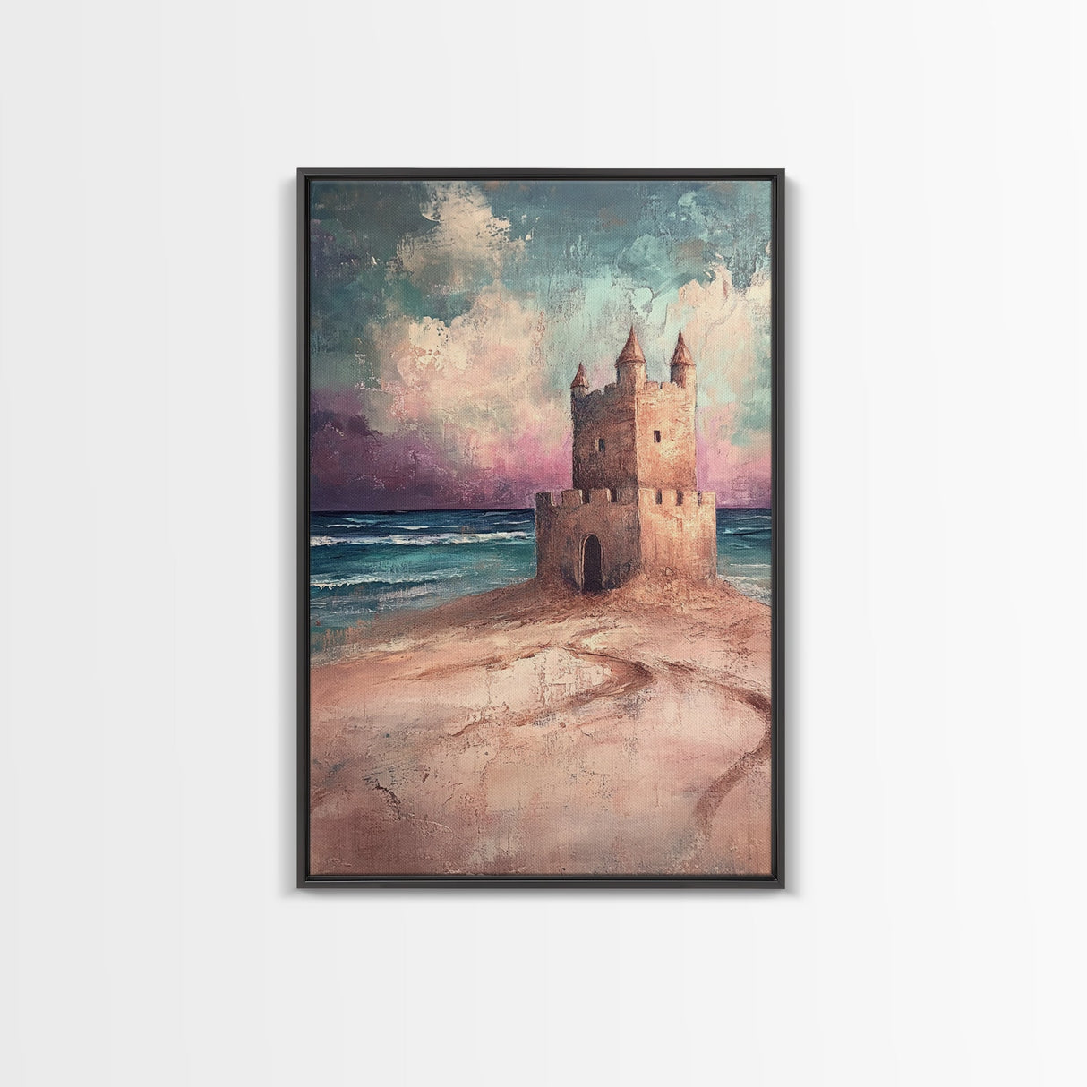 Fantasy Castle Framed Canvas Print Dreamy Coastal Art, Whimsical Beach Painting, Living Room Wall Decor, Pastel Ocean Landscape
