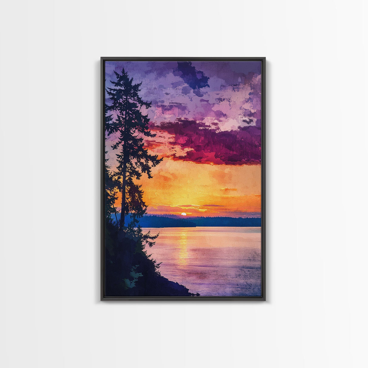 Serene Lakeside Sunset Canvas Print, Nature Wall Art, Water Reflection Painting, Tranquil Landscape Art, Peaceful Home Decor, Bedroom Art