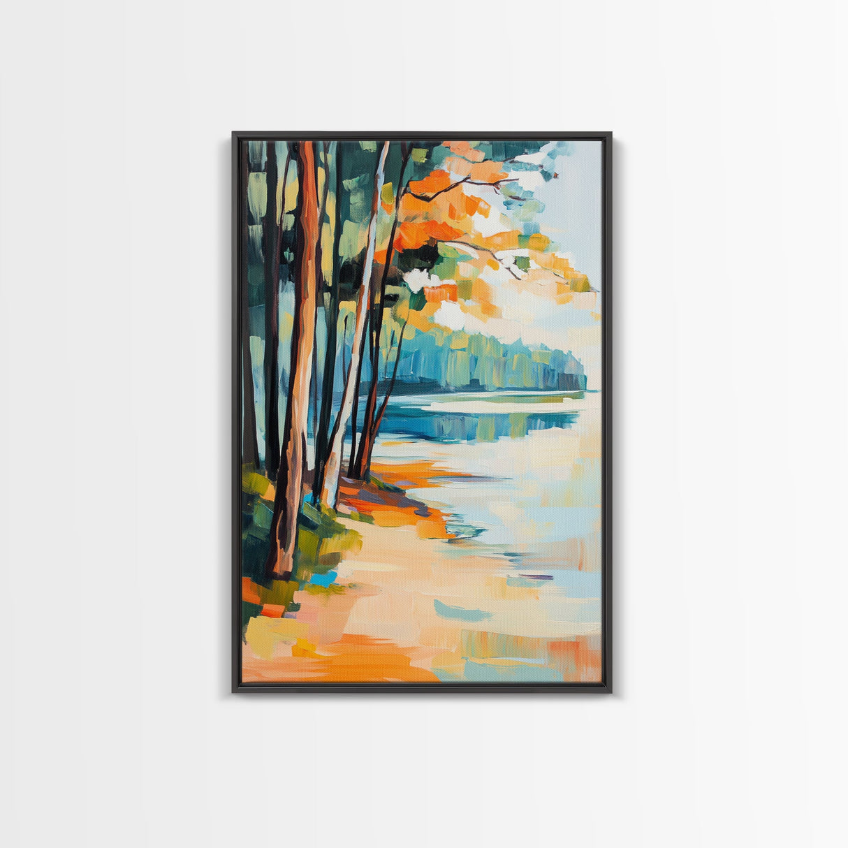 Lakeside Forest Art Framed Canvas Print Autumn Landscape Painting Serene Nature Wall Decor Warm Cozy Home Aesthetic Rustic Living Room