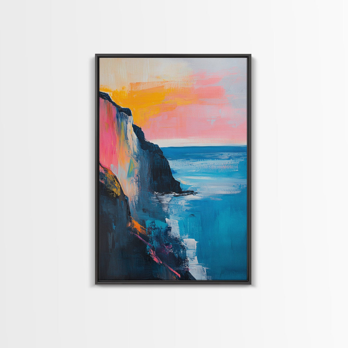 Sunset Cliff Framed Canvas Print Coastal Seascape Wall Art Vibrant Ocean Painting Modern Beach House Decor Relaxing Home Gift