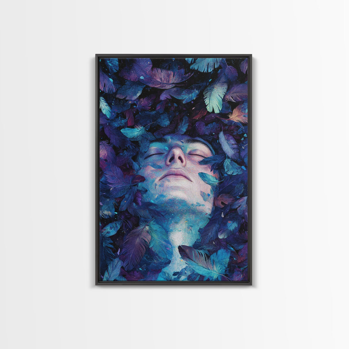 Dreamy Blue Feathers Canvas Print | Ethereal Surreal Art | Boho Bedroom Decor | Unique Abstract Painting | Cosmic Wall Art