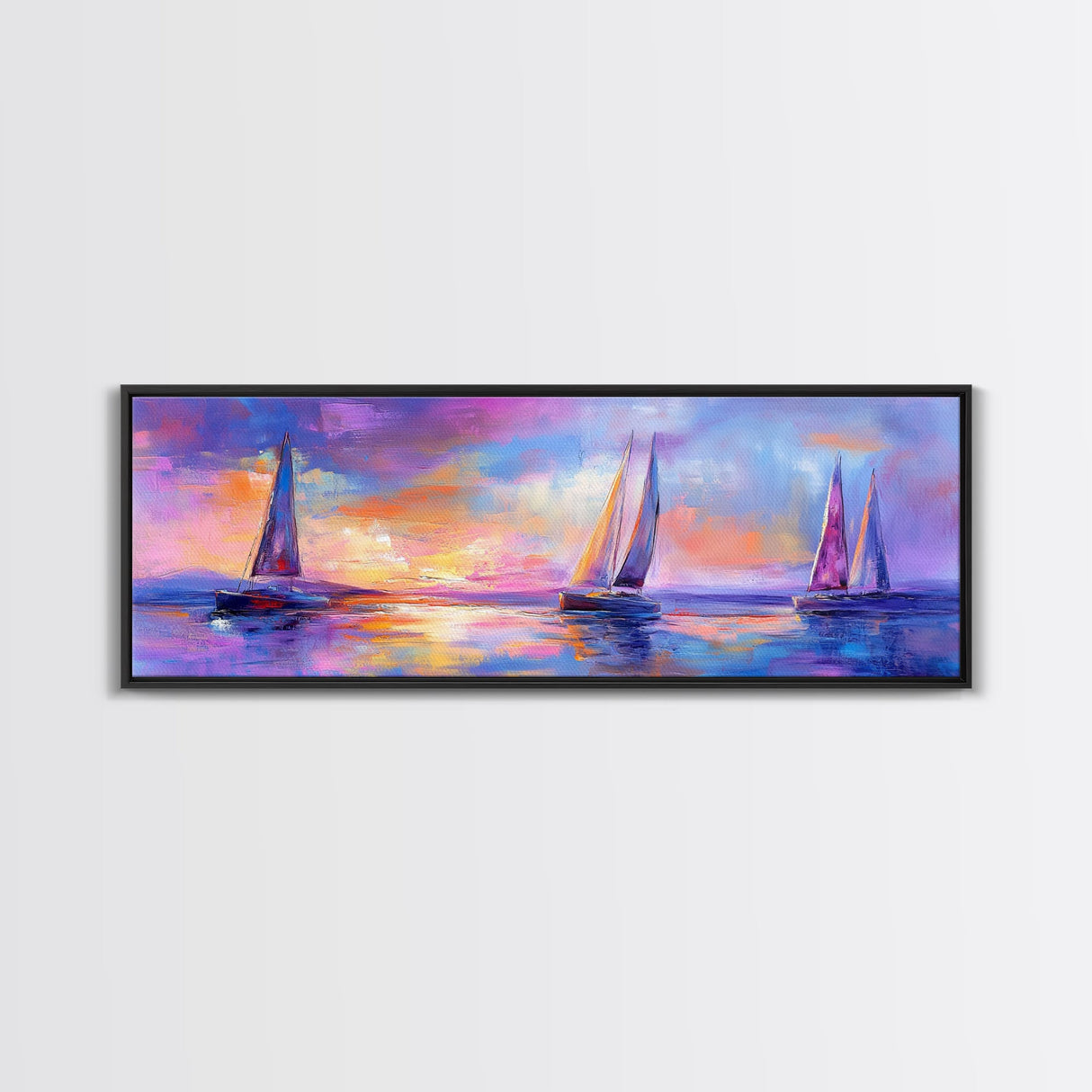 Sailboats at Sunset Framed Canvas Print Nautical Wall Art, Vibrant Ocean Painting, Coastal Home Decor, Large Living Room Artwork